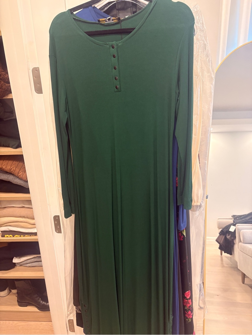 Forest Green Long-Sleeve Maxi Dress with Button Placket